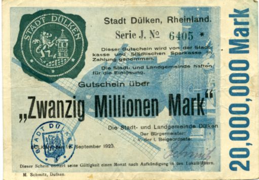 Stadt Dlken Rheinland Zwanzig Millionen Mark